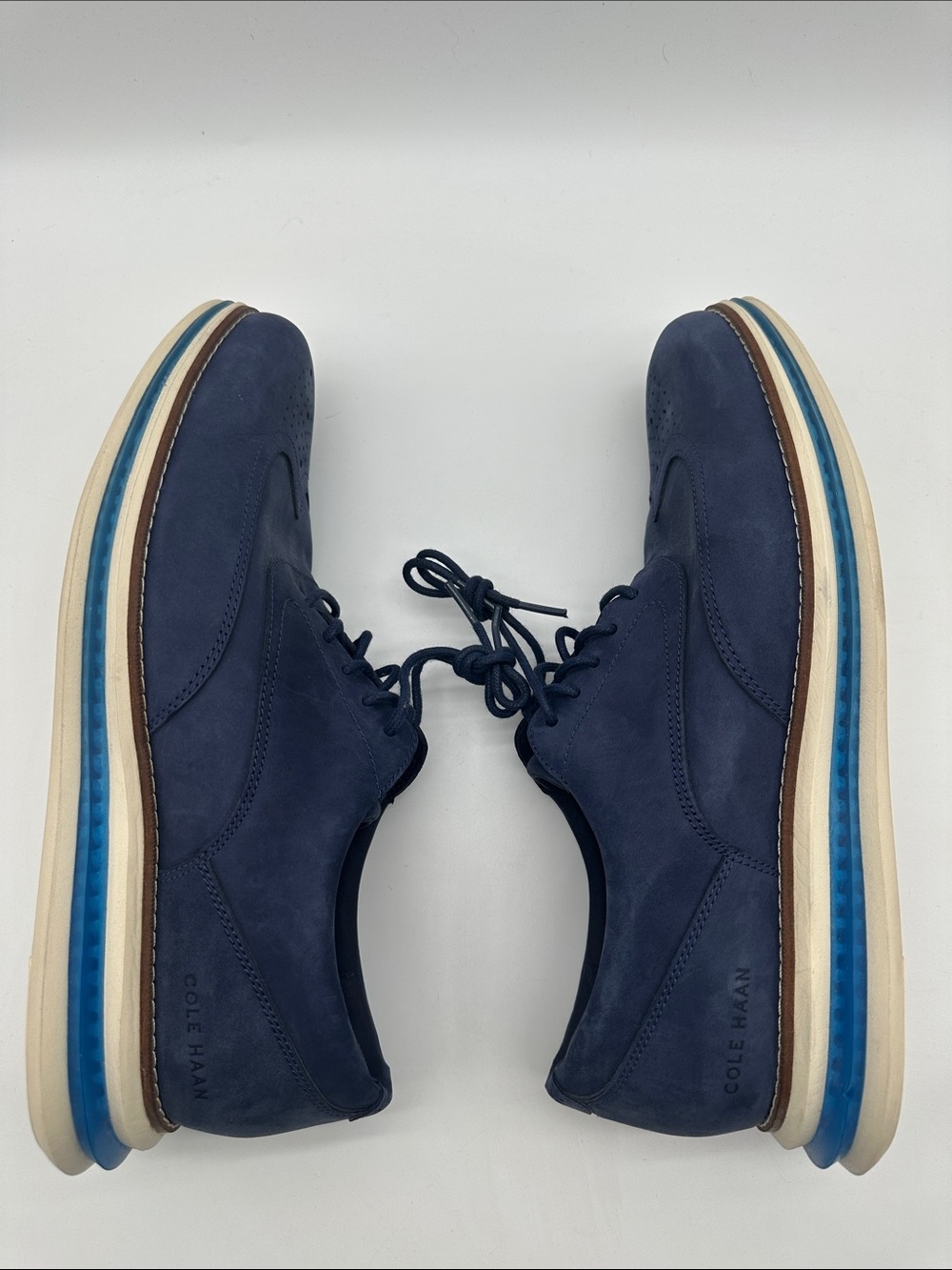 Cole Haan Original Grand Navy Nubuck Wingtip Oxfords with Blue Sole Accents - Picture 6 of 9